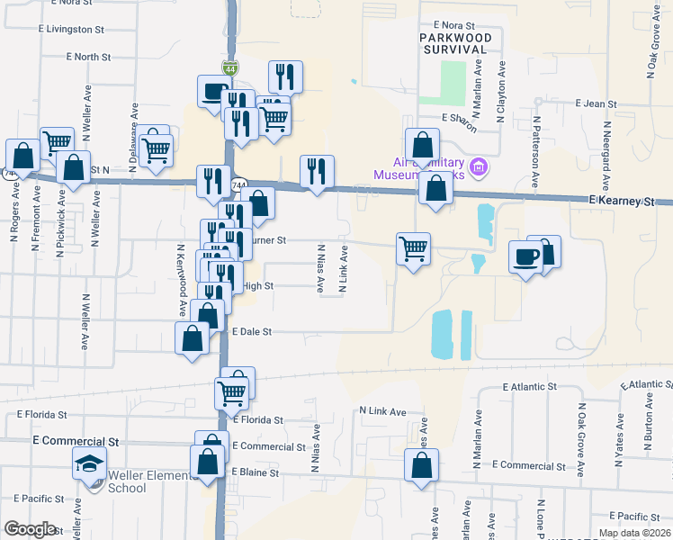map of restaurants, bars, coffee shops, grocery stores, and more near 2248 North Nias Avenue in Springfield