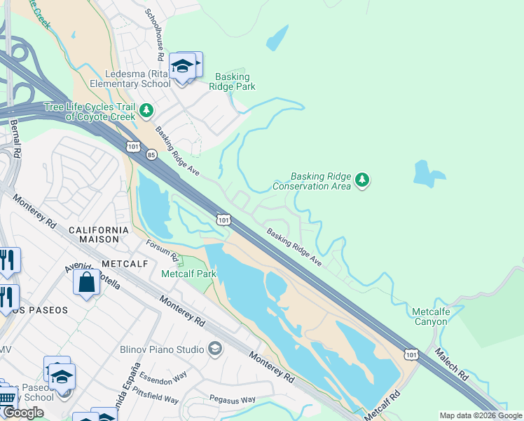 map of restaurants, bars, coffee shops, grocery stores, and more near 7059 Goldenspur Loop in San Jose