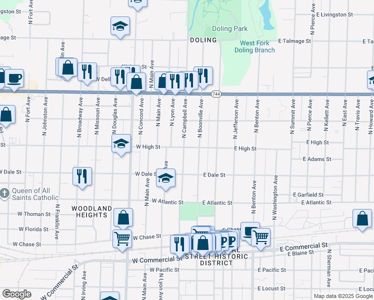 map of restaurants, bars, coffee shops, grocery stores, and more near 2209 North Boonville Avenue in Springfield