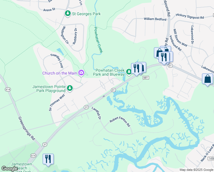 map of restaurants, bars, coffee shops, grocery stores, and more near 2603 London Company Way in Williamsburg