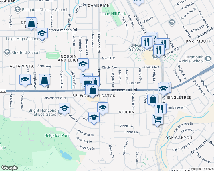 map of restaurants, bars, coffee shops, grocery stores, and more near 1736 Myra Drive in San Jose