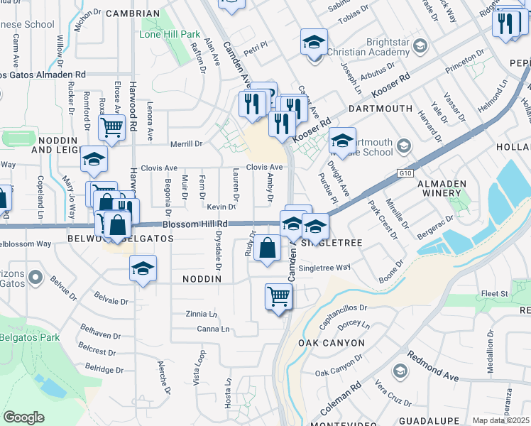map of restaurants, bars, coffee shops, grocery stores, and more near 5515 Amby Drive in San Jose