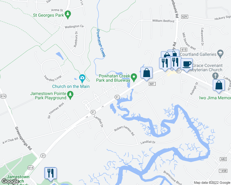 map of restaurants, bars, coffee shops, grocery stores, and more near 3004 London Company Way in Williamsburg