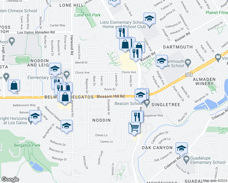 map of restaurants, bars, coffee shops, grocery stores, and more near 1666 Kevin Drive in San Jose