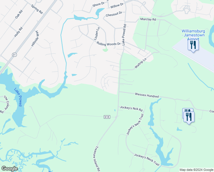 map of restaurants, bars, coffee shops, grocery stores, and more near 5595 Brixton Road in Williamsburg