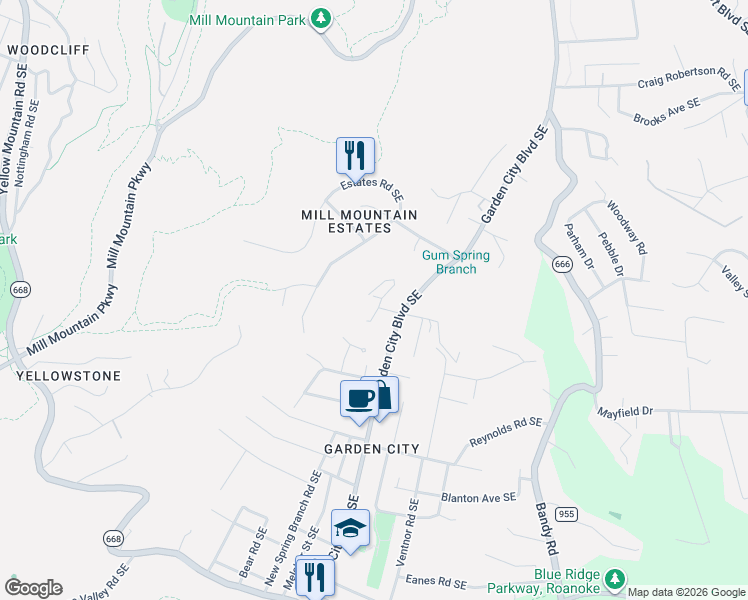 map of restaurants, bars, coffee shops, grocery stores, and more near 931 Hartsook Boulevard Southeast in Roanoke