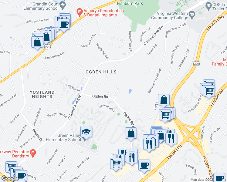 map of restaurants, bars, coffee shops, grocery stores, and more near 3276 Woodland Drive Southwest in Roanoke