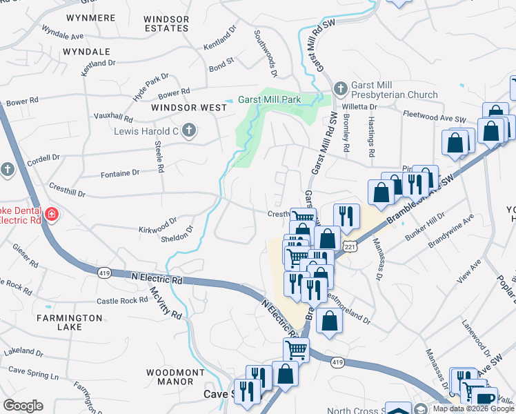 map of restaurants, bars, coffee shops, grocery stores, and more near 4221 Millcrest Court in Cave Spring