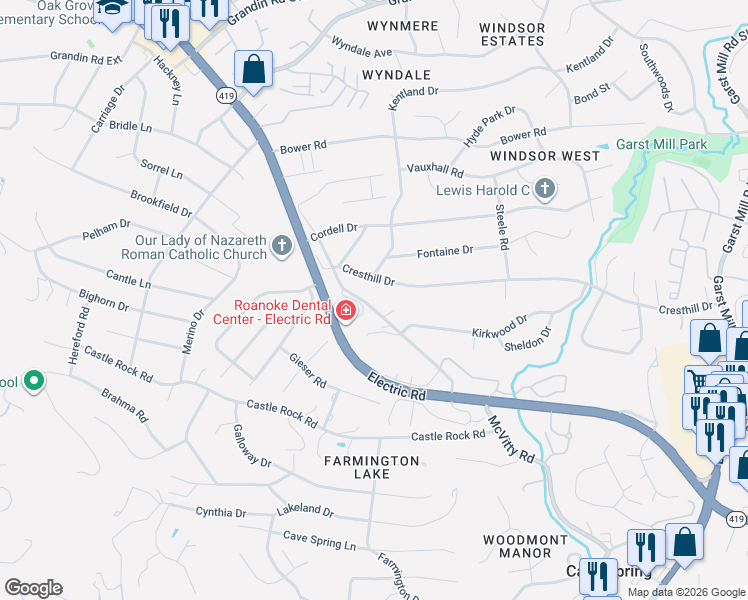 map of restaurants, bars, coffee shops, grocery stores, and more near 4608 Cresthill Drive in Cave Spring