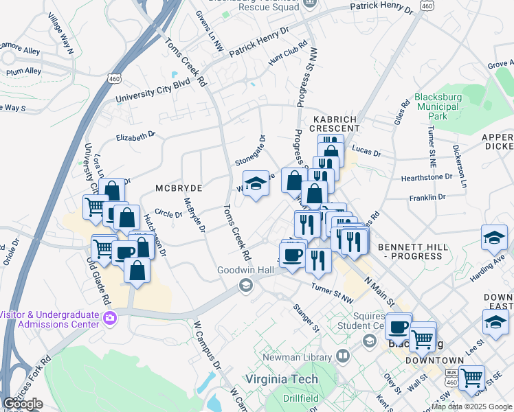 map of restaurants, bars, coffee shops, grocery stores, and more near 813 Toms Creek Road in Blacksburg