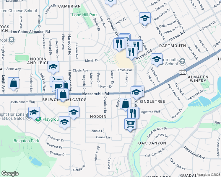 map of restaurants, bars, coffee shops, grocery stores, and more near 1666 Kevin Drive in San Jose
