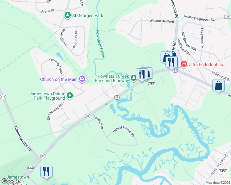map of restaurants, bars, coffee shops, grocery stores, and more near 3004 London Company Way in Williamsburg