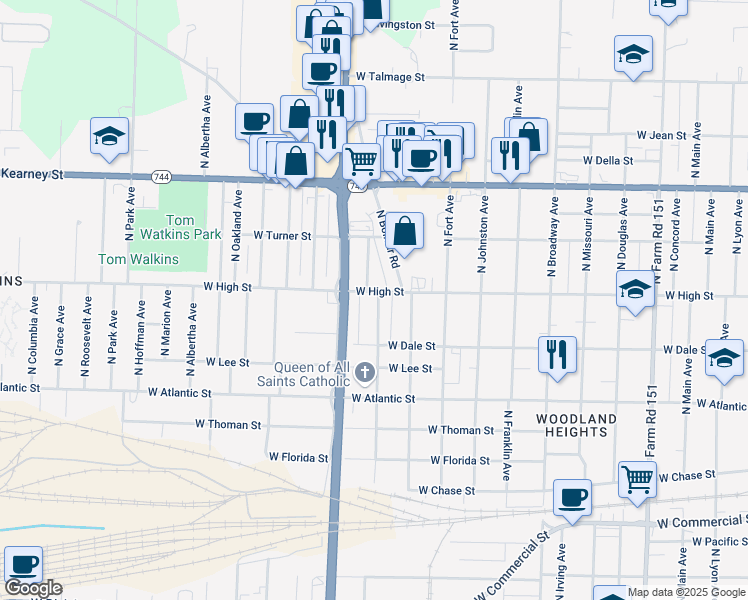 map of restaurants, bars, coffee shops, grocery stores, and more near 1511 West High Street in Springfield