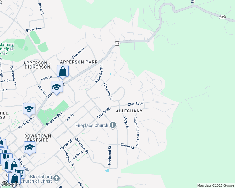 map of restaurants, bars, coffee shops, grocery stores, and more near 421 Ridgeview Drive in Blacksburg