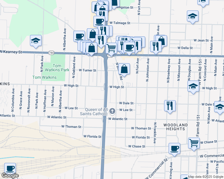 map of restaurants, bars, coffee shops, grocery stores, and more near 1511 West High Street in Springfield