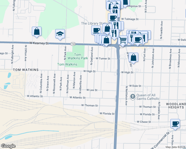 map of restaurants, bars, coffee shops, grocery stores, and more near 1839 West High Street in Springfield