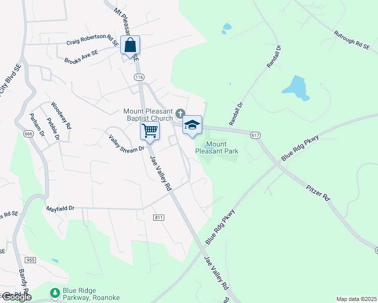 map of restaurants, bars, coffee shops, grocery stores, and more near 3216 Mount Pleasant Boulevard in Roanoke