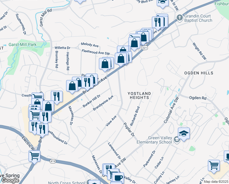 map of restaurants, bars, coffee shops, grocery stores, and more near 3354 Brandywine Avenue in Cave Spring