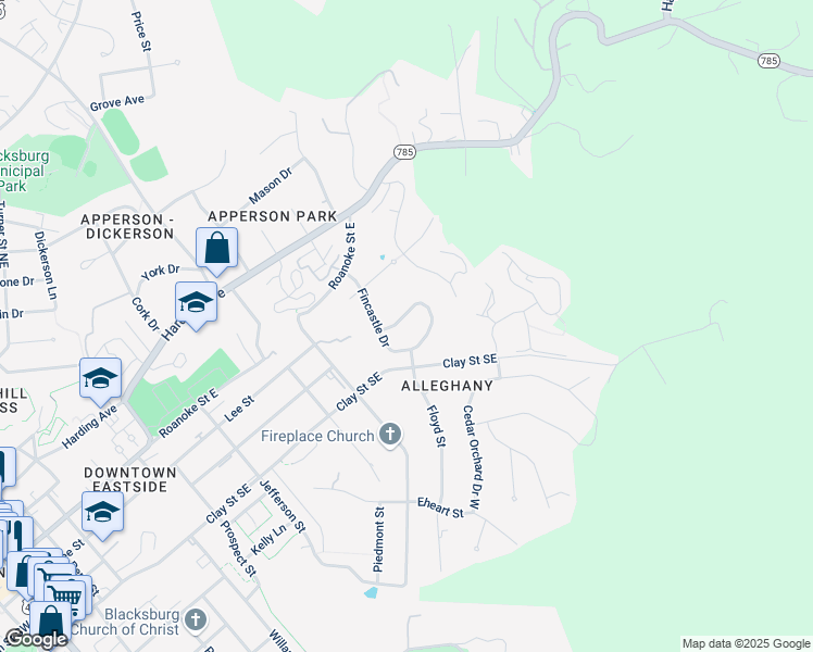 map of restaurants, bars, coffee shops, grocery stores, and more near 421 Ridgeview Drive in Blacksburg
