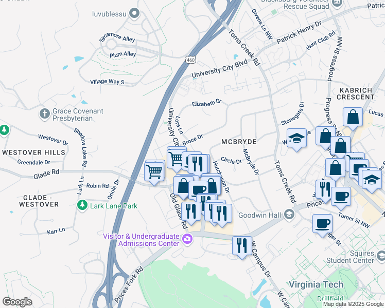 map of restaurants, bars, coffee shops, grocery stores, and more near 941 Lora Lane in Blacksburg