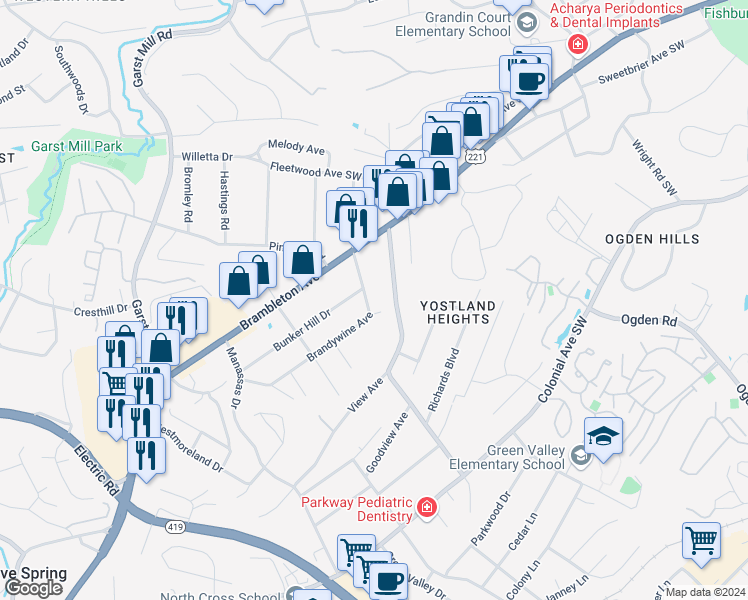 map of restaurants, bars, coffee shops, grocery stores, and more near 3354 Brandywine Avenue in Cave Spring