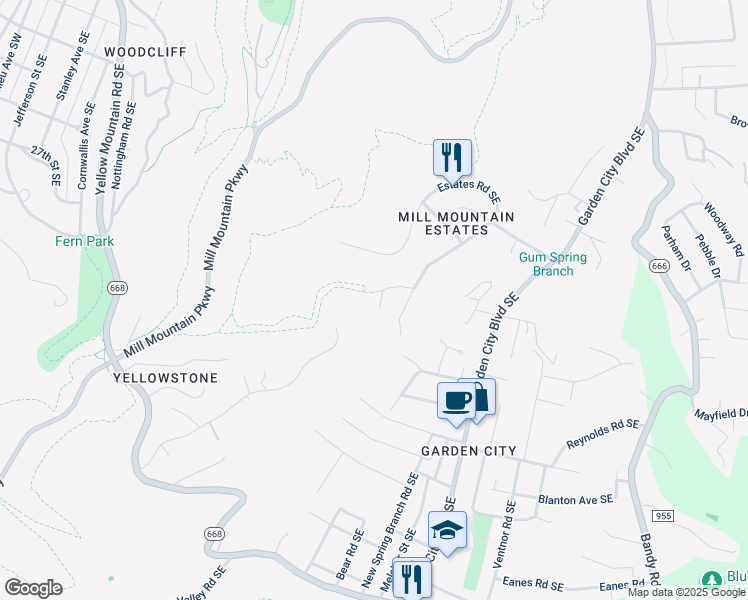 map of restaurants, bars, coffee shops, grocery stores, and more near 3101 Medallion Circle Southeast in Roanoke