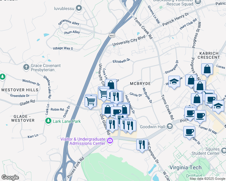 map of restaurants, bars, coffee shops, grocery stores, and more near 941 Lora Lane in Blacksburg