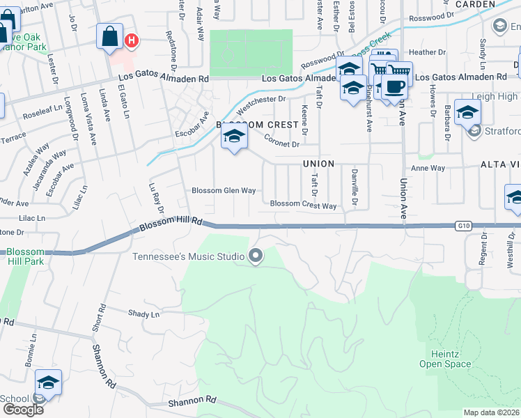 map of restaurants, bars, coffee shops, grocery stores, and more near 2250 Blossom Crest Way in San Jose