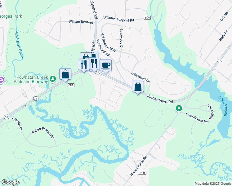 map of restaurants, bars, coffee shops, grocery stores, and more near 121 Raleigh Street in Williamsburg