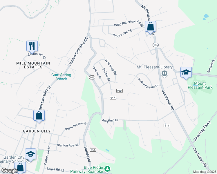 map of restaurants, bars, coffee shops, grocery stores, and more near 4015 Pebble Drive in Roanoke