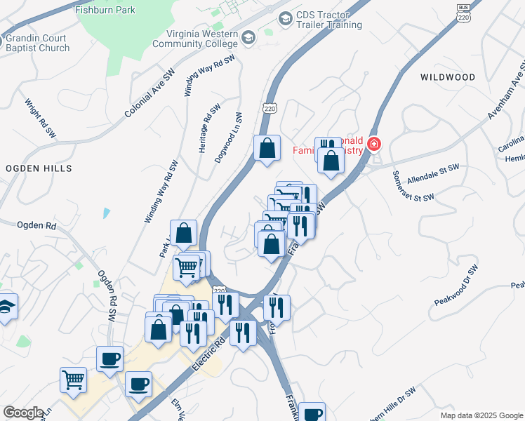 map of restaurants, bars, coffee shops, grocery stores, and more near 734 Townside Road Southwest in Roanoke