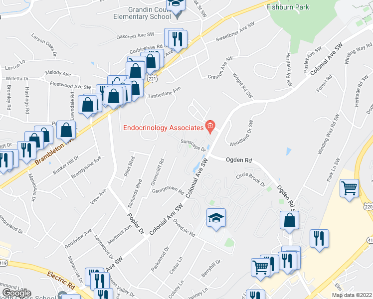 map of restaurants, bars, coffee shops, grocery stores, and more near 3635 Sunscape Drive in Roanoke