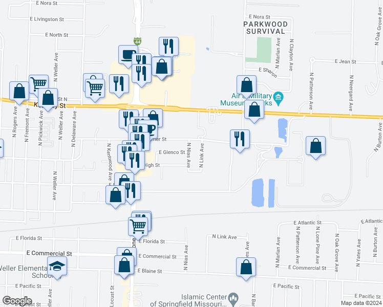 map of restaurants, bars, coffee shops, grocery stores, and more near 2230 North Nias Avenue in Springfield