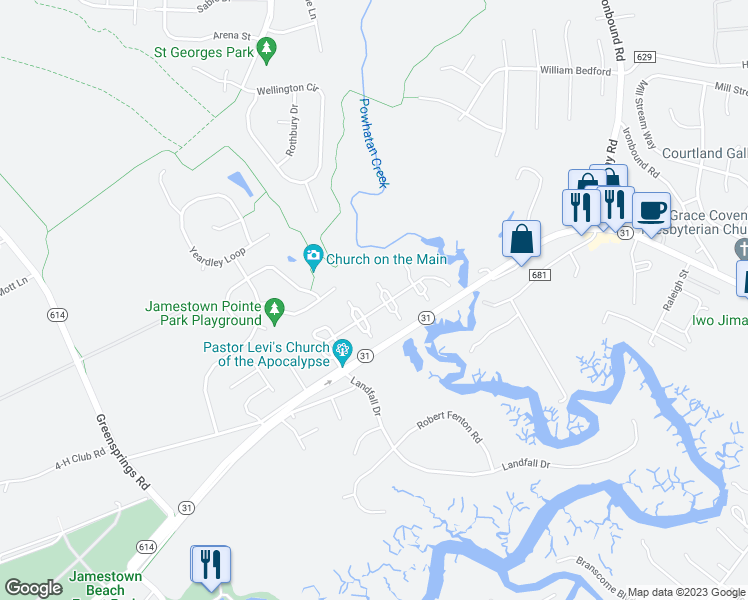 map of restaurants, bars, coffee shops, grocery stores, and more near 2203 London Company Way in Williamsburg
