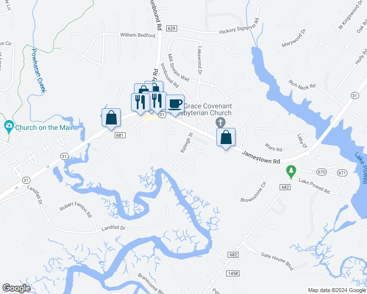 map of restaurants, bars, coffee shops, grocery stores, and more near 121 Raleigh Street in Williamsburg
