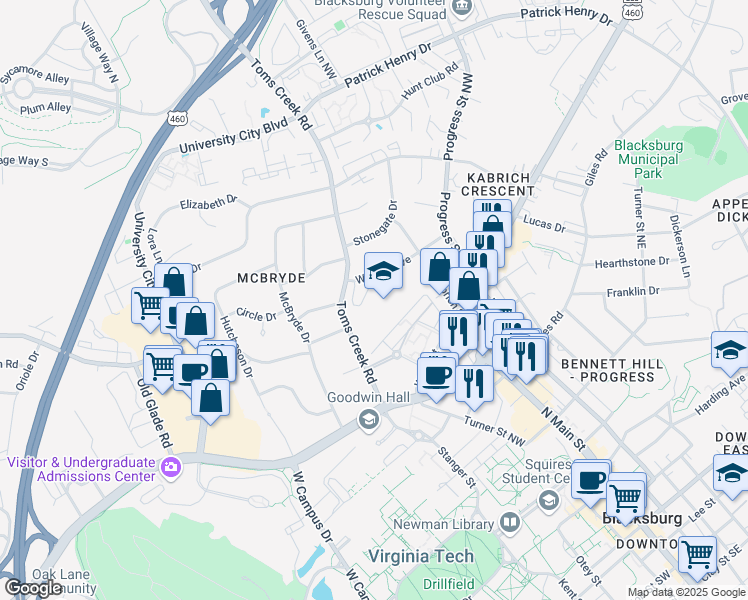 map of restaurants, bars, coffee shops, grocery stores, and more near 813 Toms Creek Road in Blacksburg
