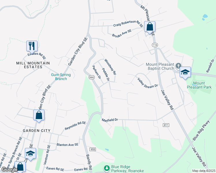 map of restaurants, bars, coffee shops, grocery stores, and more near 4015 Pebble Drive in Roanoke