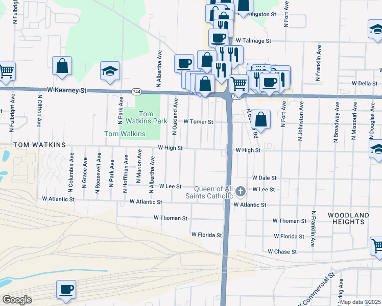 map of restaurants, bars, coffee shops, grocery stores, and more near 1839 West High Street in Springfield