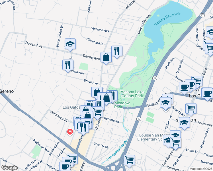 map of restaurants, bars, coffee shops, grocery stores, and more near 706 Winchester Boulevard in Los Gatos