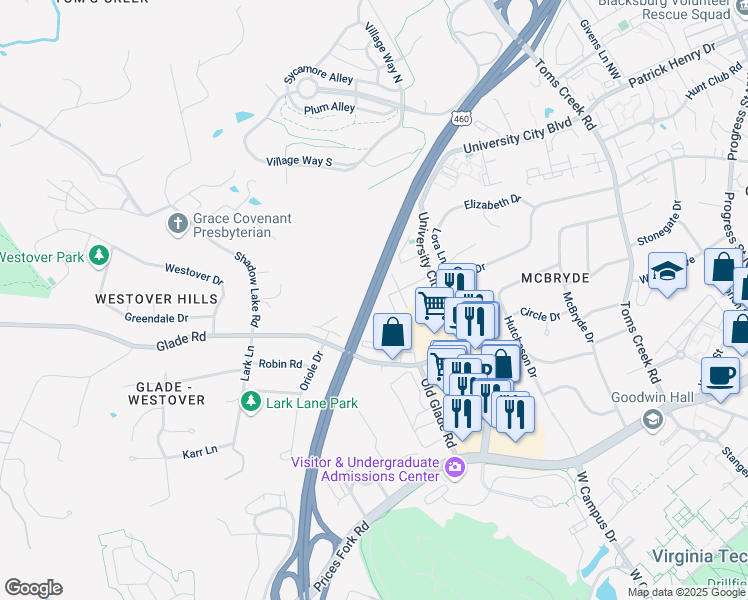 map of restaurants, bars, coffee shops, grocery stores, and more near U.S. 460 in Blacksburg