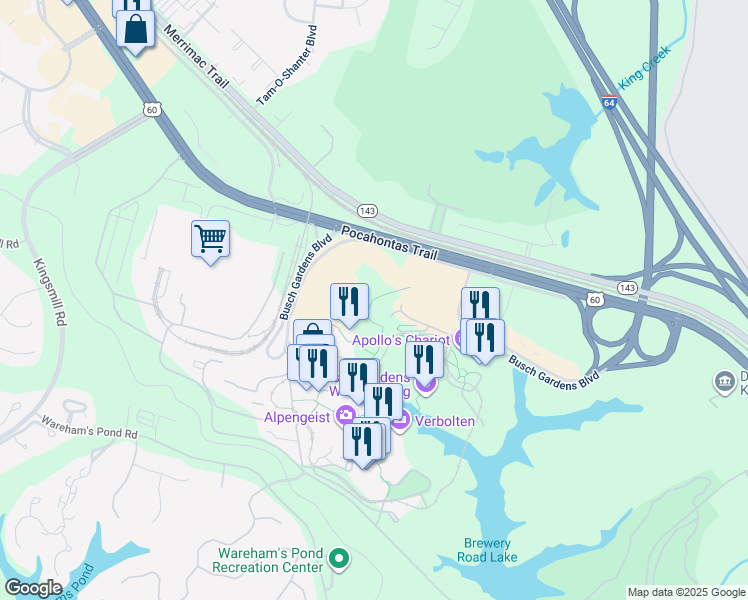 map of restaurants, bars, coffee shops, grocery stores, and more near 1 Busch Gardens Boulevard in Williamsburg