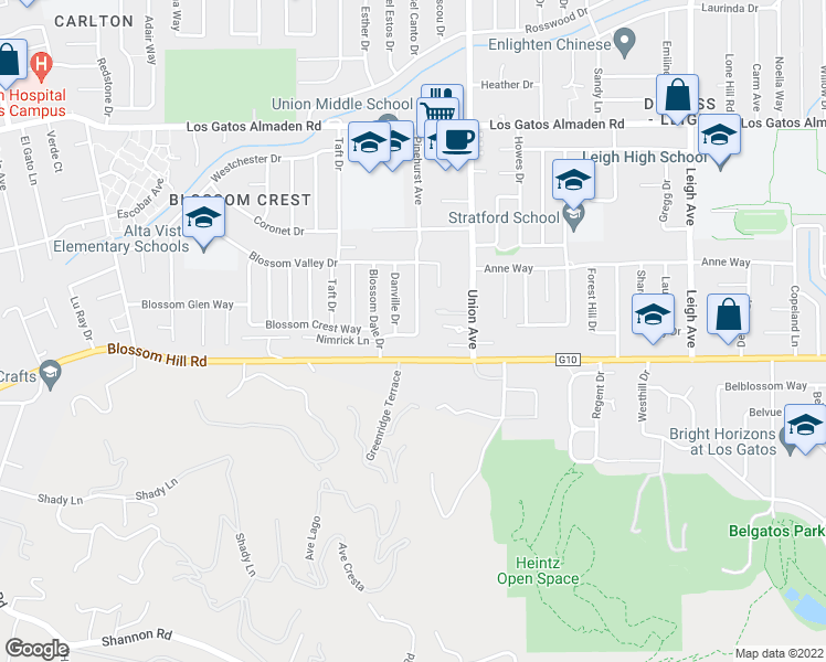 map of restaurants, bars, coffee shops, grocery stores, and more near 299 Blossom Villa Way in Los Gatos