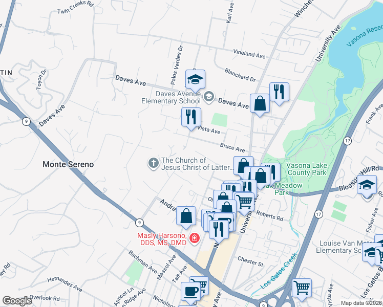 map of restaurants, bars, coffee shops, grocery stores, and more near 73 Mariposa Avenue in Los Gatos