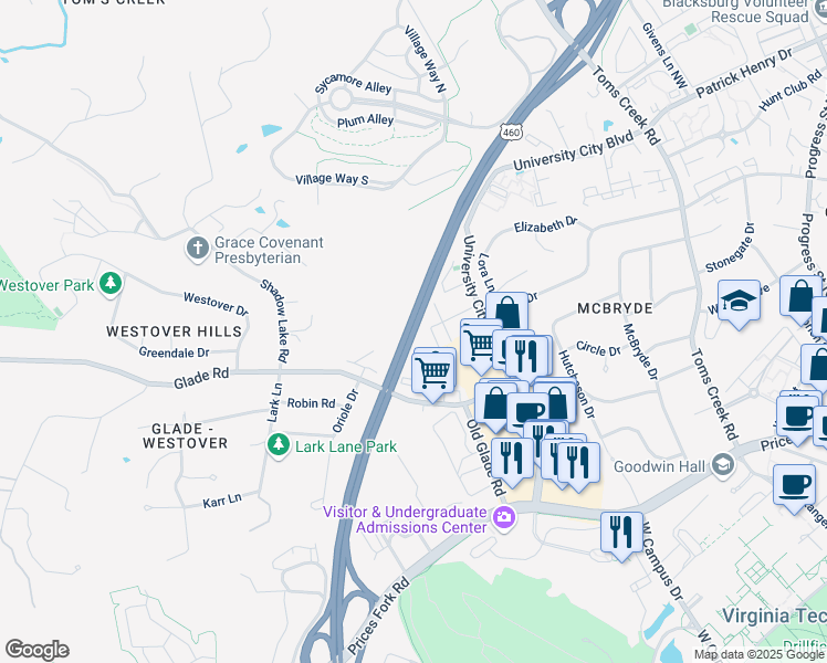 map of restaurants, bars, coffee shops, grocery stores, and more near U.S. 460 in Blacksburg