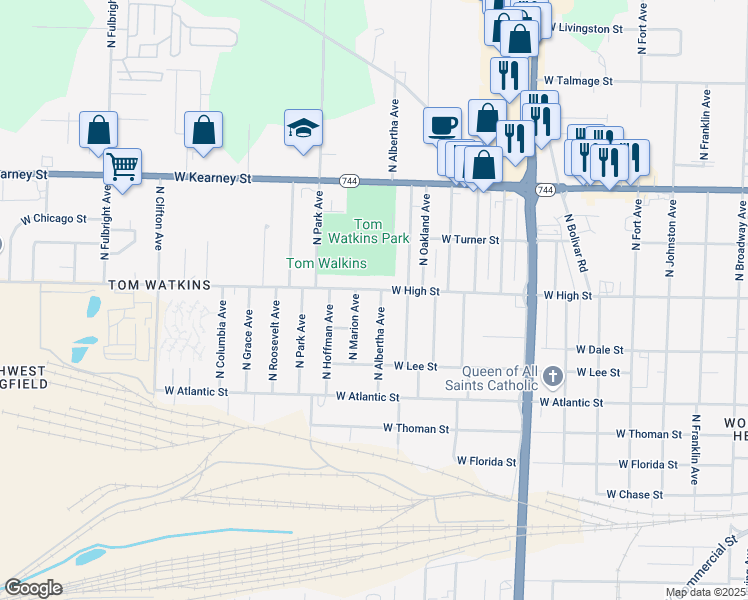 map of restaurants, bars, coffee shops, grocery stores, and more near 2009-2015 West High Street in Springfield