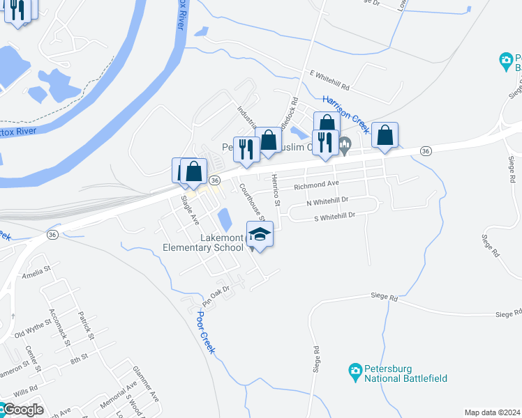 map of restaurants, bars, coffee shops, grocery stores, and more near 103 Courthouse Road in Petersburg