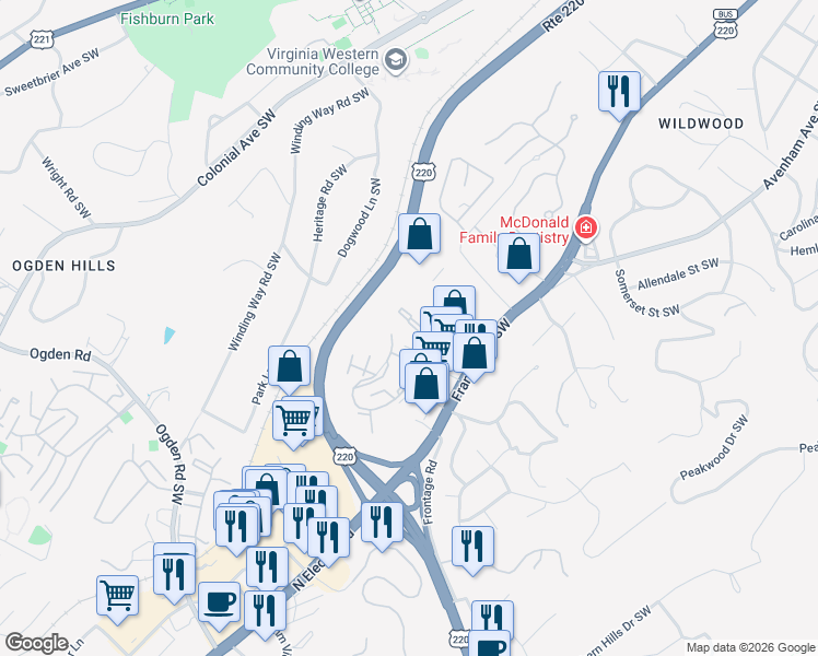map of restaurants, bars, coffee shops, grocery stores, and more near 734 Townside Road Southwest in Roanoke