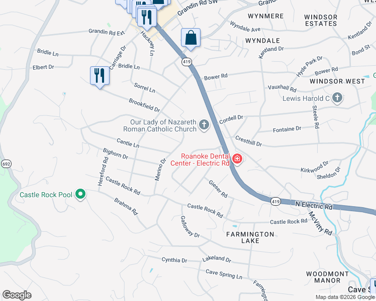 map of restaurants, bars, coffee shops, grocery stores, and more near 4749 Brookwood Drive in Cave Spring