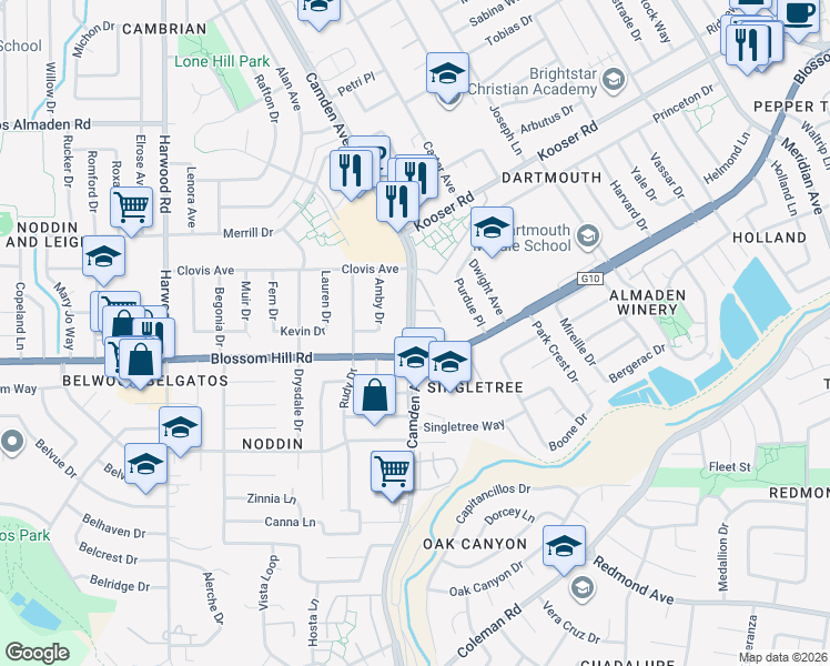map of restaurants, bars, coffee shops, grocery stores, and more near 5508 Camden Avenue in San Jose