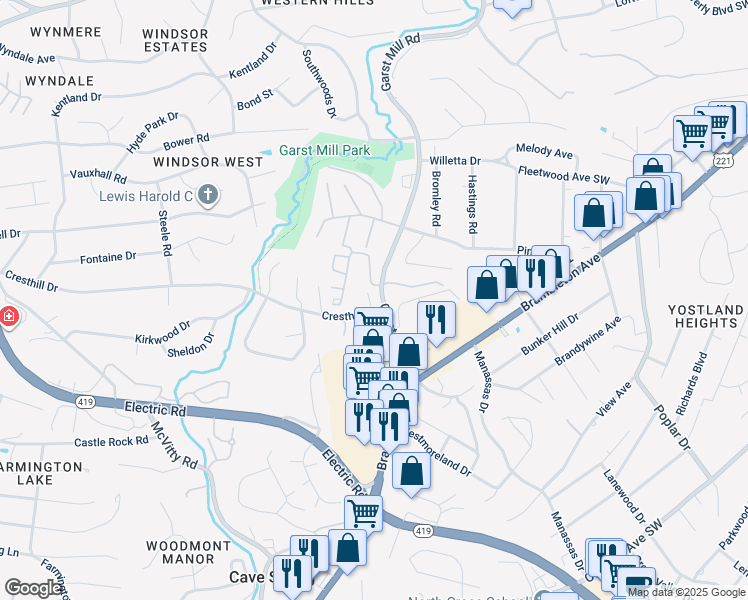 map of restaurants, bars, coffee shops, grocery stores, and more near 4105 Cresthill Drive in Cave Spring